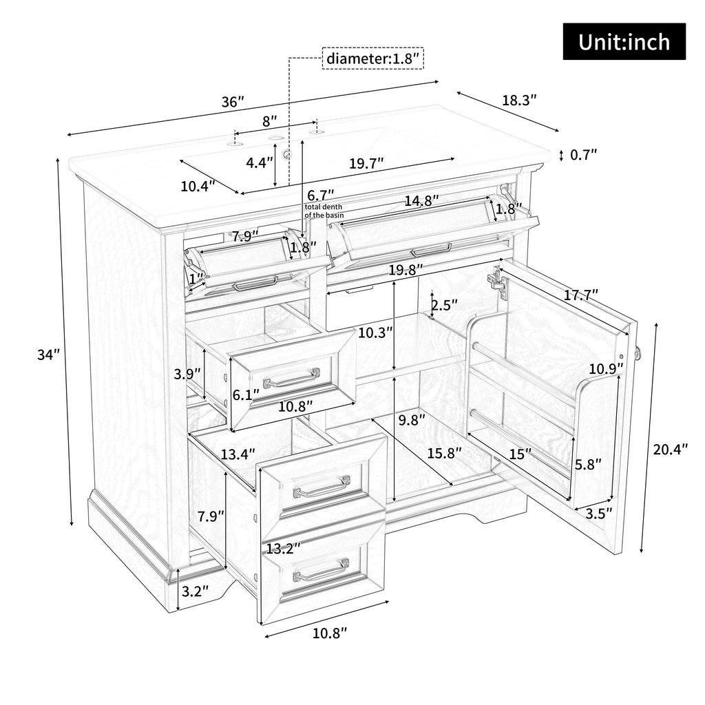 36-Inch Bathroom Vanity with Ceramic Sink Top, 4 Drawers and 1 Soft-Close Door