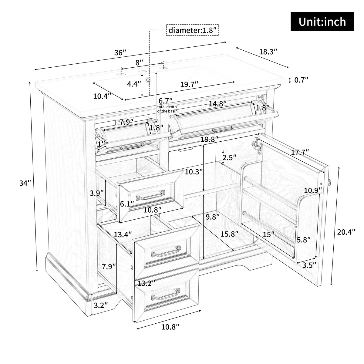 36-Inch Bathroom Vanity with Ceramic Sink Top, 4 Drawers and 1 Soft-Close Door