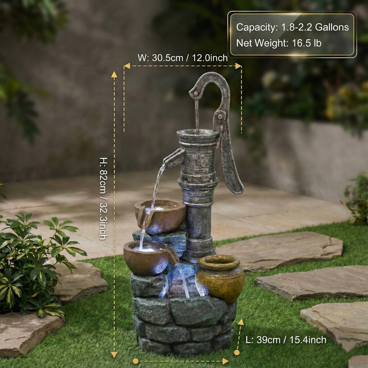 32" H Large Outdoor Water Fountain with Vintage Pump