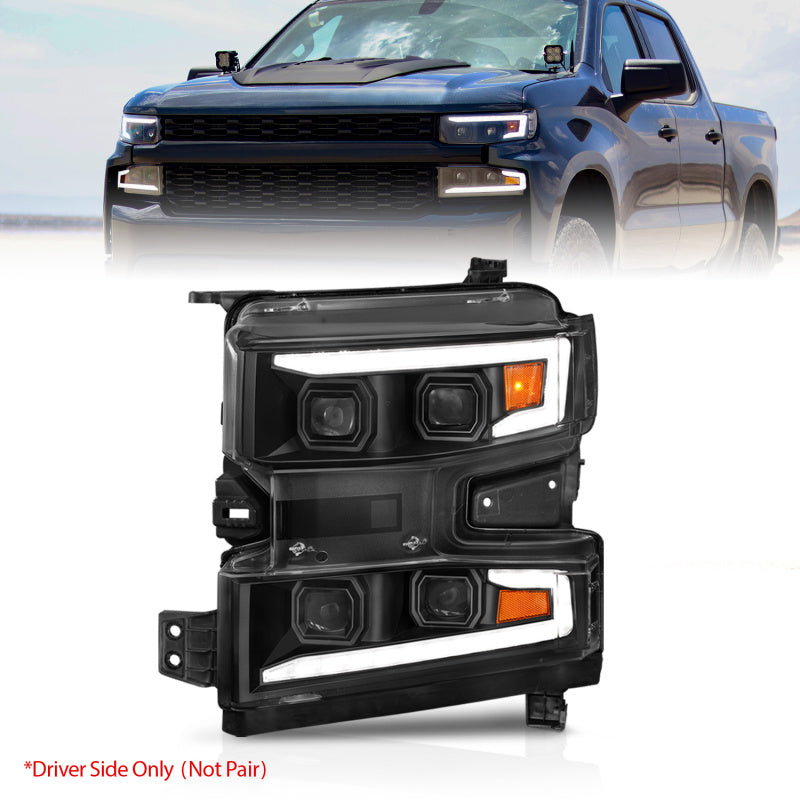 ANZO 19-22 Chevrolet Silverado 1500 LED Proj HL w/Lgt Bar SwBk Seq. Blk w/In. Light - Driver Side ON 111566-L