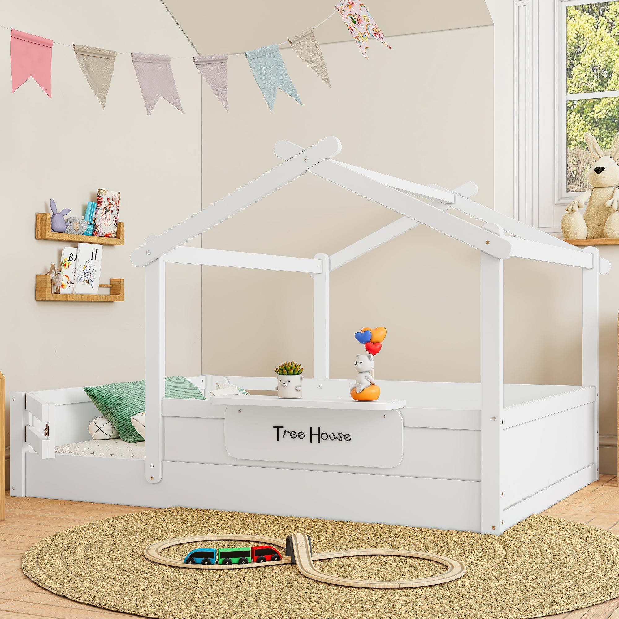 Full Size Floor Bed with Guardrails and Roof for Kids