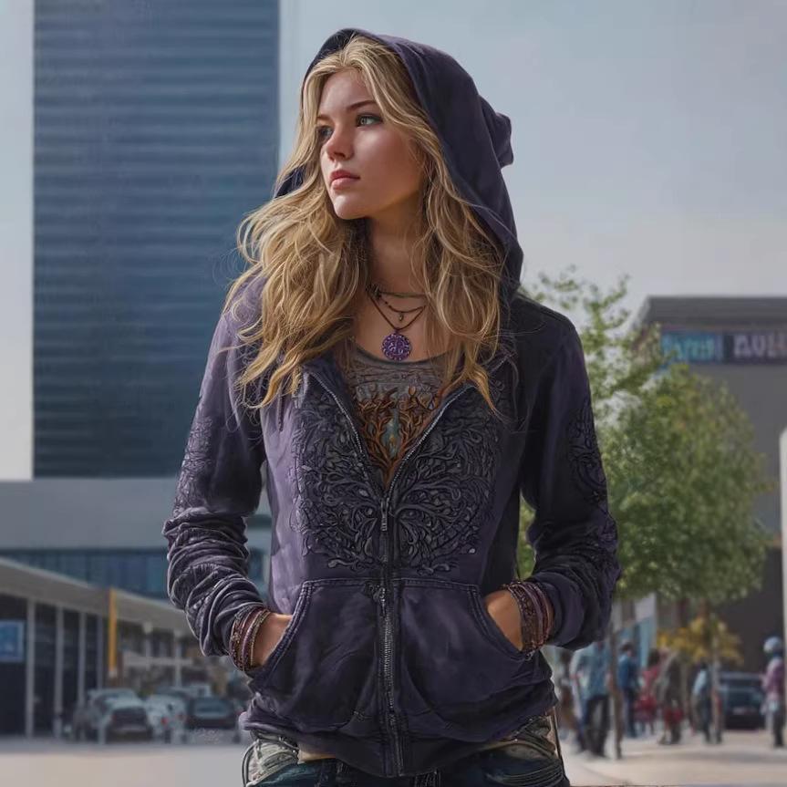 Printed Hooded Zip-Up Cardigan Fashionable Casual Womens Sweatshirt
