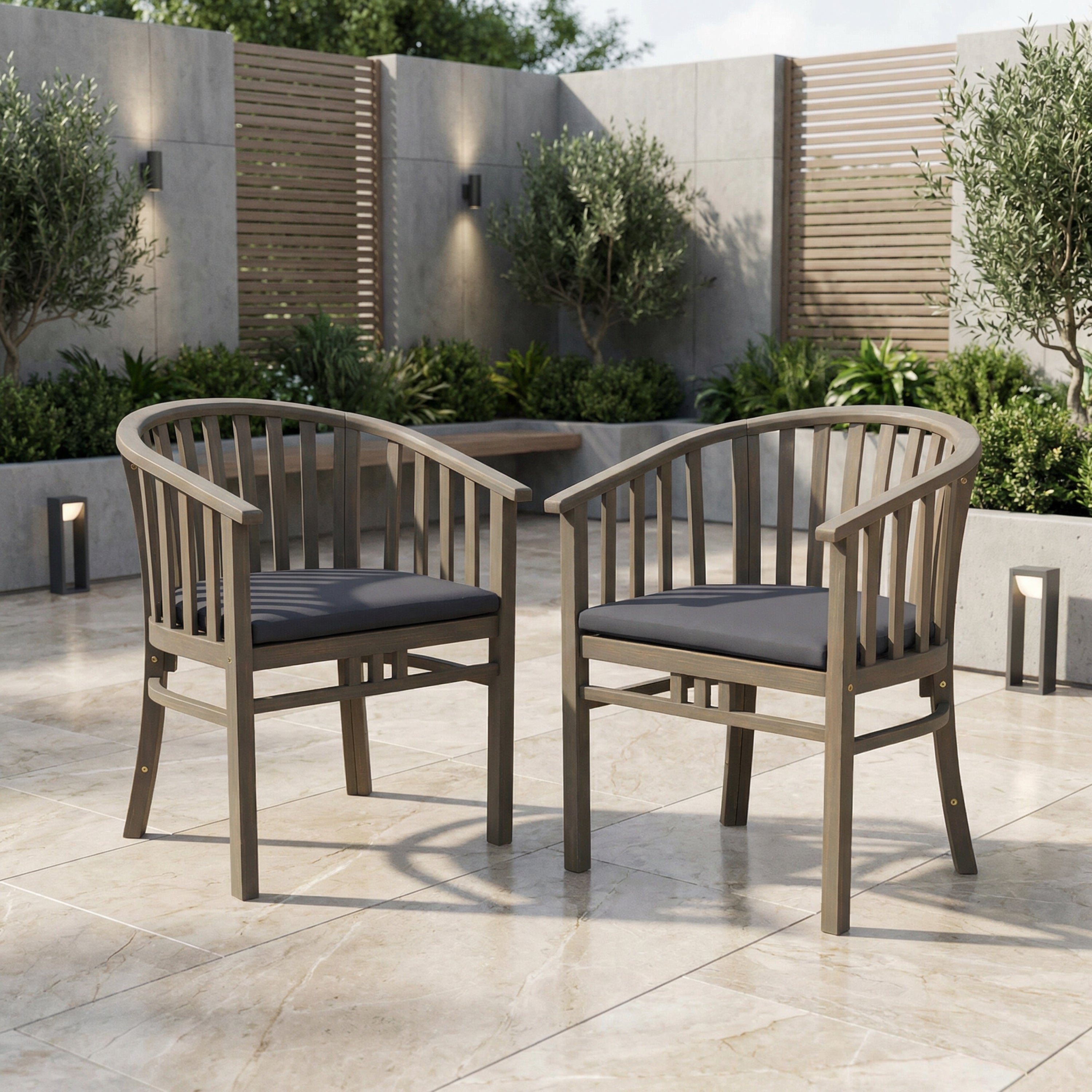 Outdoor Wooden Dining Chairs With Cushions, Set of 2, Dark