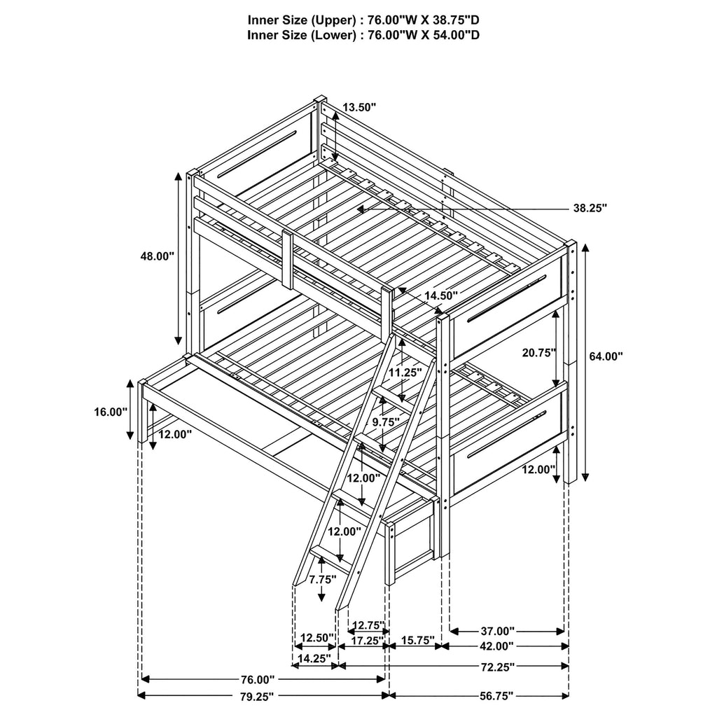 White Twin/Full Bunk Bed with Built-in Ladder