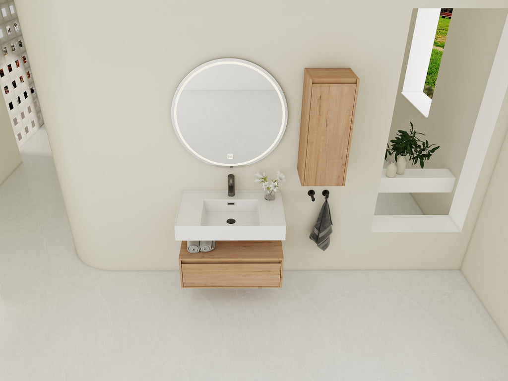 30 Inch Wall-Mounted Bathroom Vanity with Resin Sink and Side Cabinet