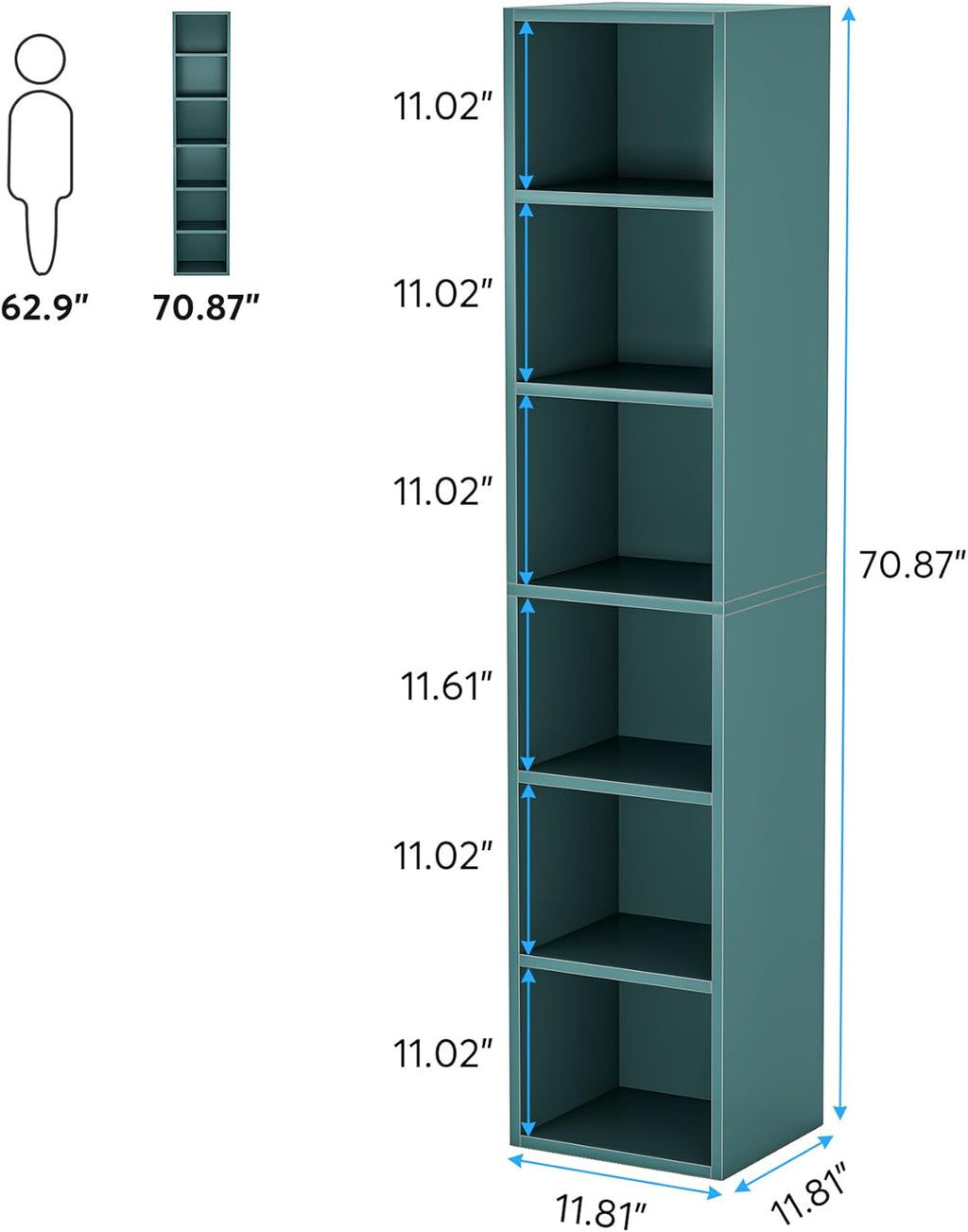 70.9" Blue 6-Tier Narrow Corner Cube Bookcase