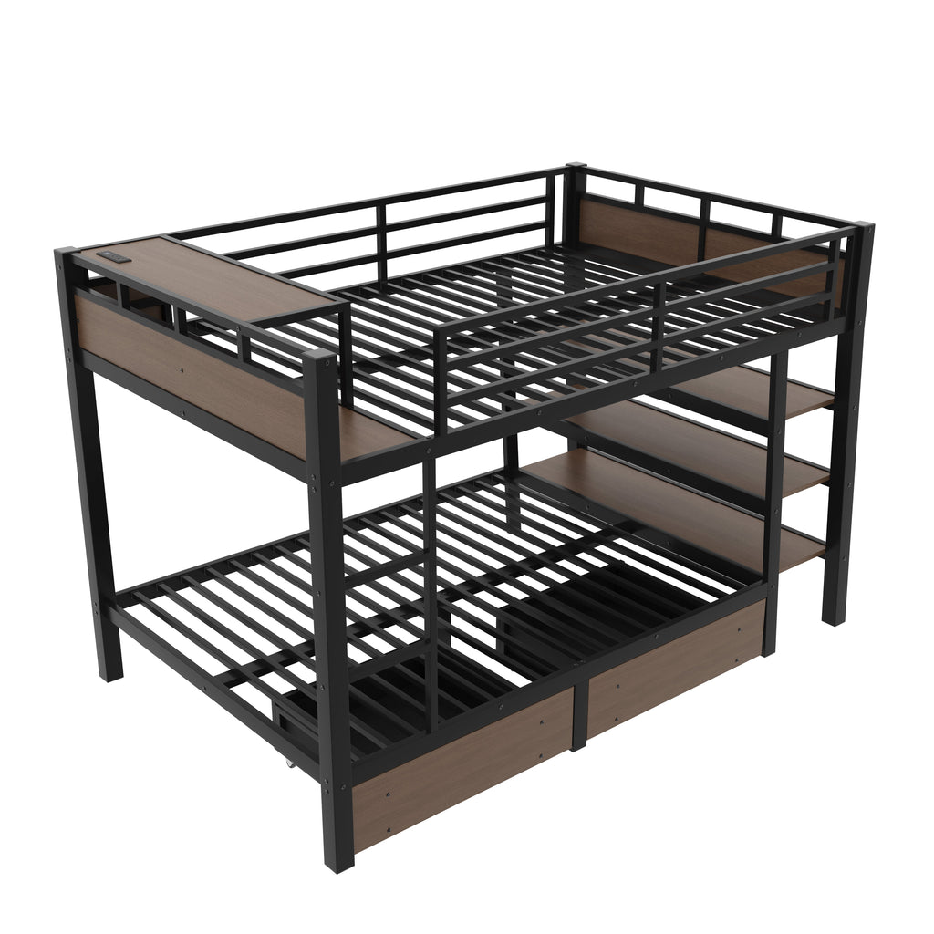 Full Size Metal Bunk Bed with Storage Shelves, LED Light Strip, and USB Power Strip
