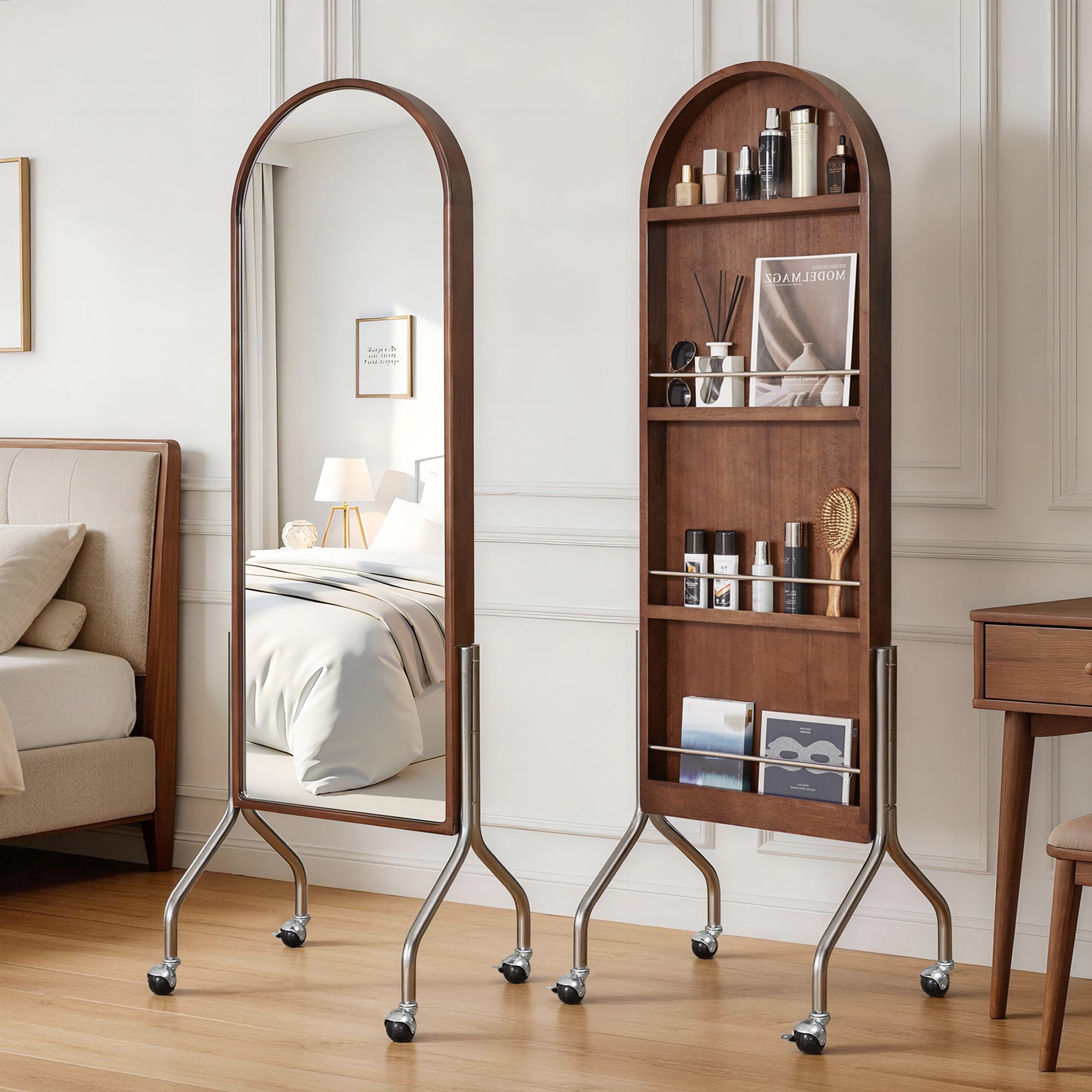 Arched Full Length Mirror with Storage Shelves & Wheels
