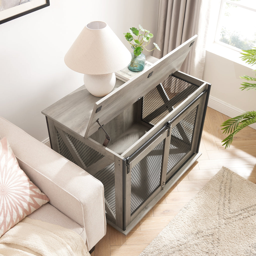 Farmhouse Dog Cage Crate Furniture with Sliding Barn Door