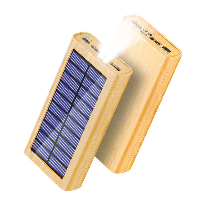 Solar-powered Wood-grain Power Bank Outdoor Portable Charger With LED Light