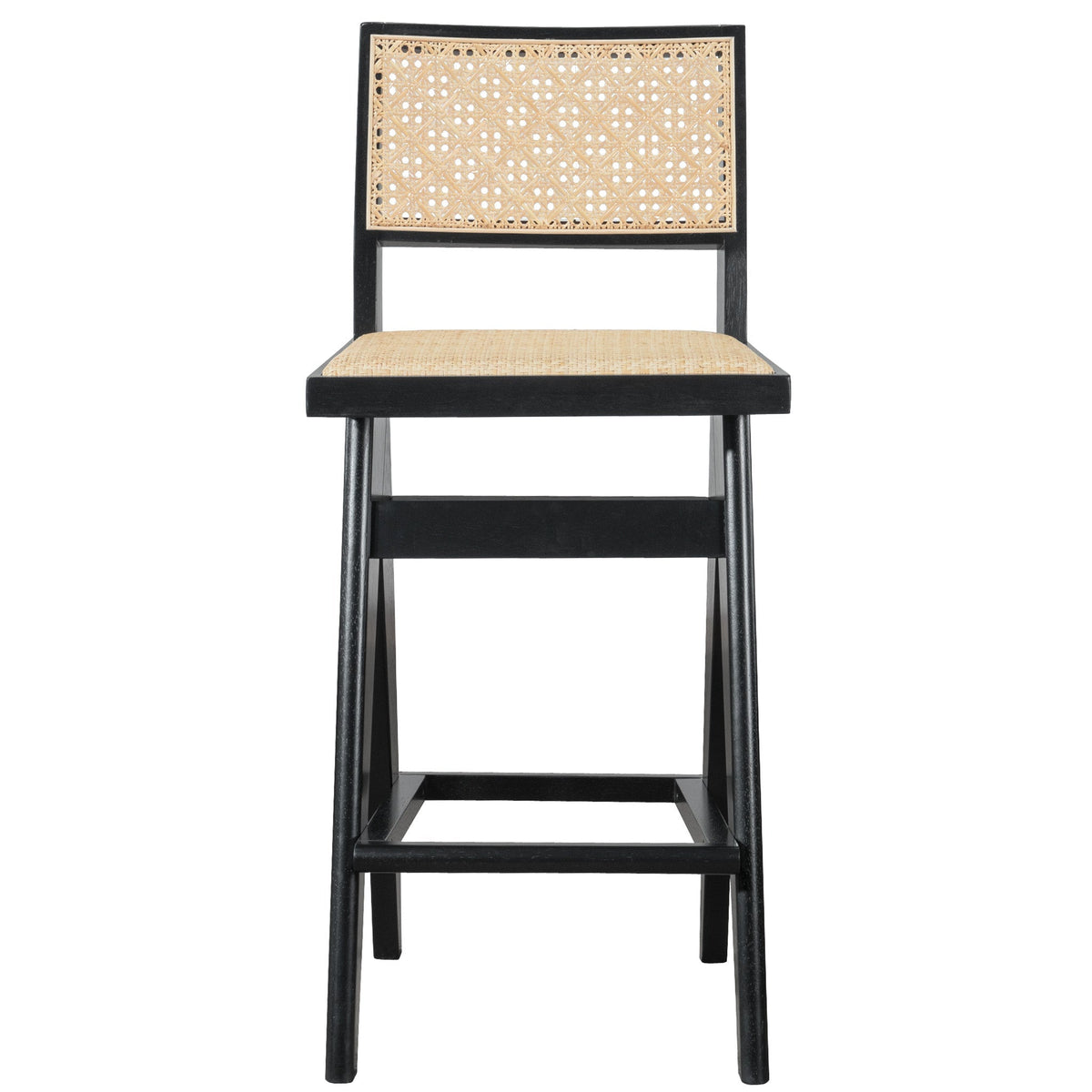 Keira Mid-Century Rattan Bar Stool Set of 2 with Leather Seat