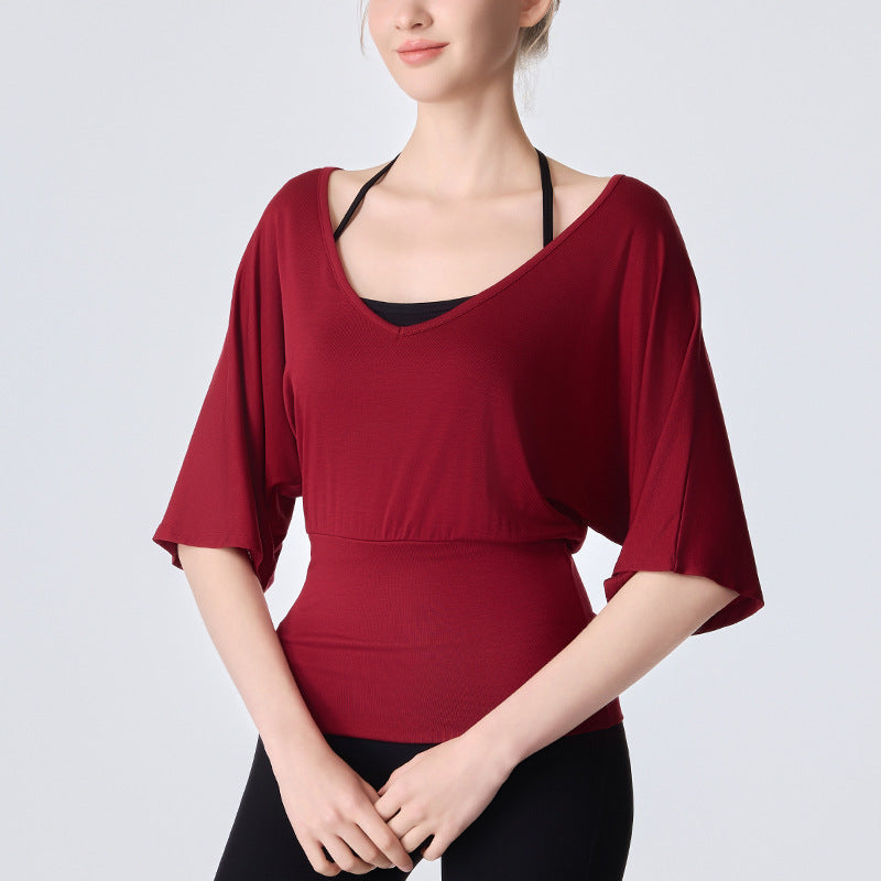 Women's Fitness Yoga Clothing, Fashionable Loose-fitting Short-sleeve T-shirt With Drape Effect, Waist-cinching Casual Style Top For Daily Wear