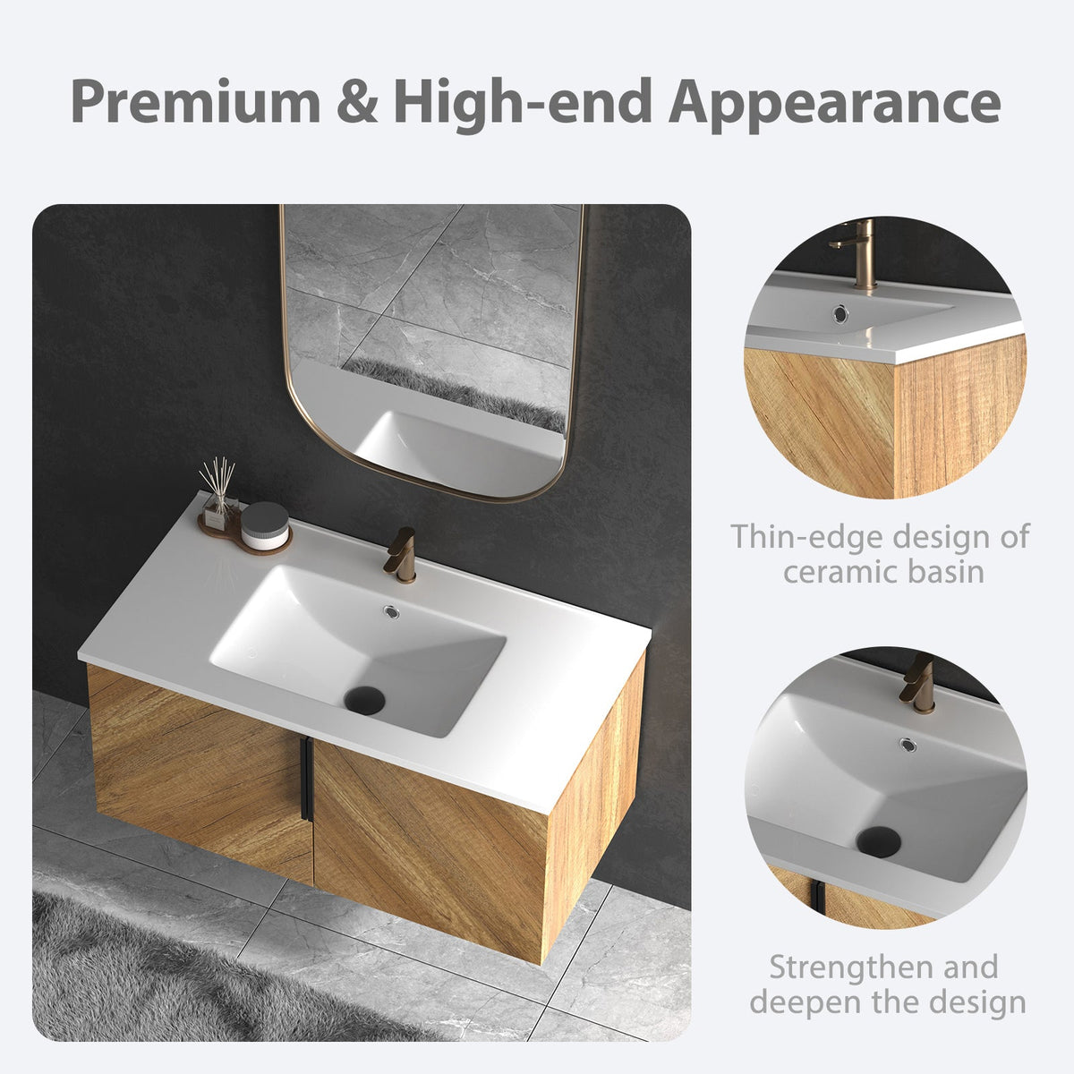 36 Inch Wall-Mounted Bathroom Vanity with 3D Fluted Panel