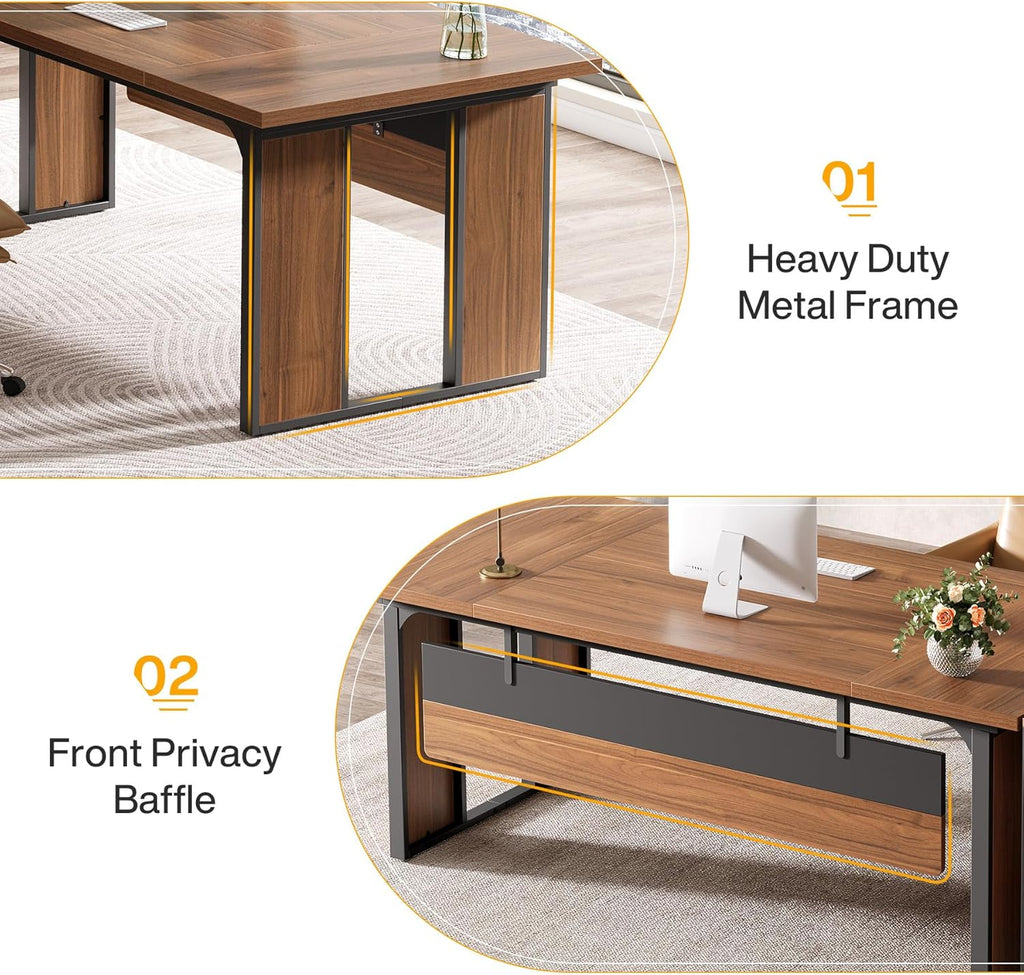63-Inch L-Shaped Executive Desk with 47-Inch File Cabinet