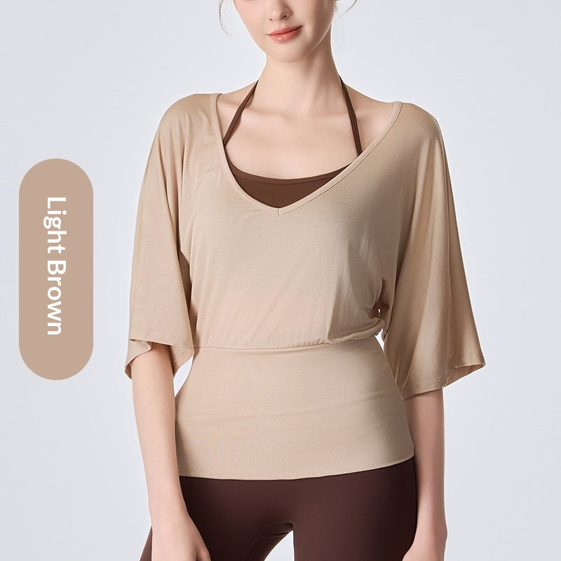 Women's Fitness Yoga Clothing, Fashionable Loose-fitting Short-sleeve T-shirt With Drape Effect, Waist-cinching Casual Style Top For Daily Wear