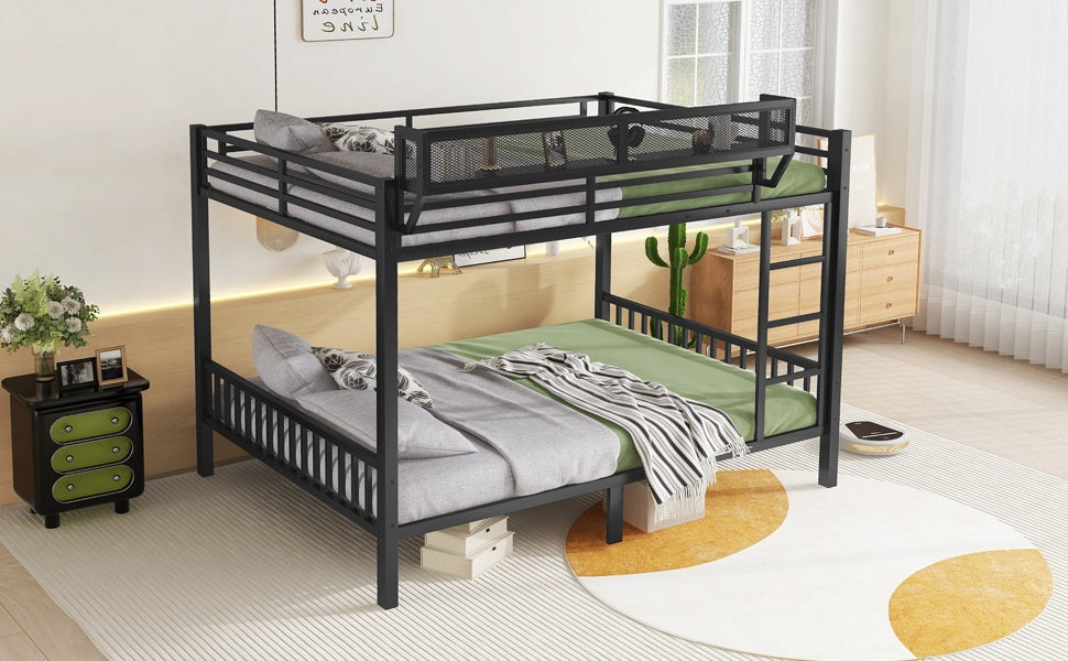 Queen Over Queen Metal Bunk Bed with Ladder and Storage Shelf