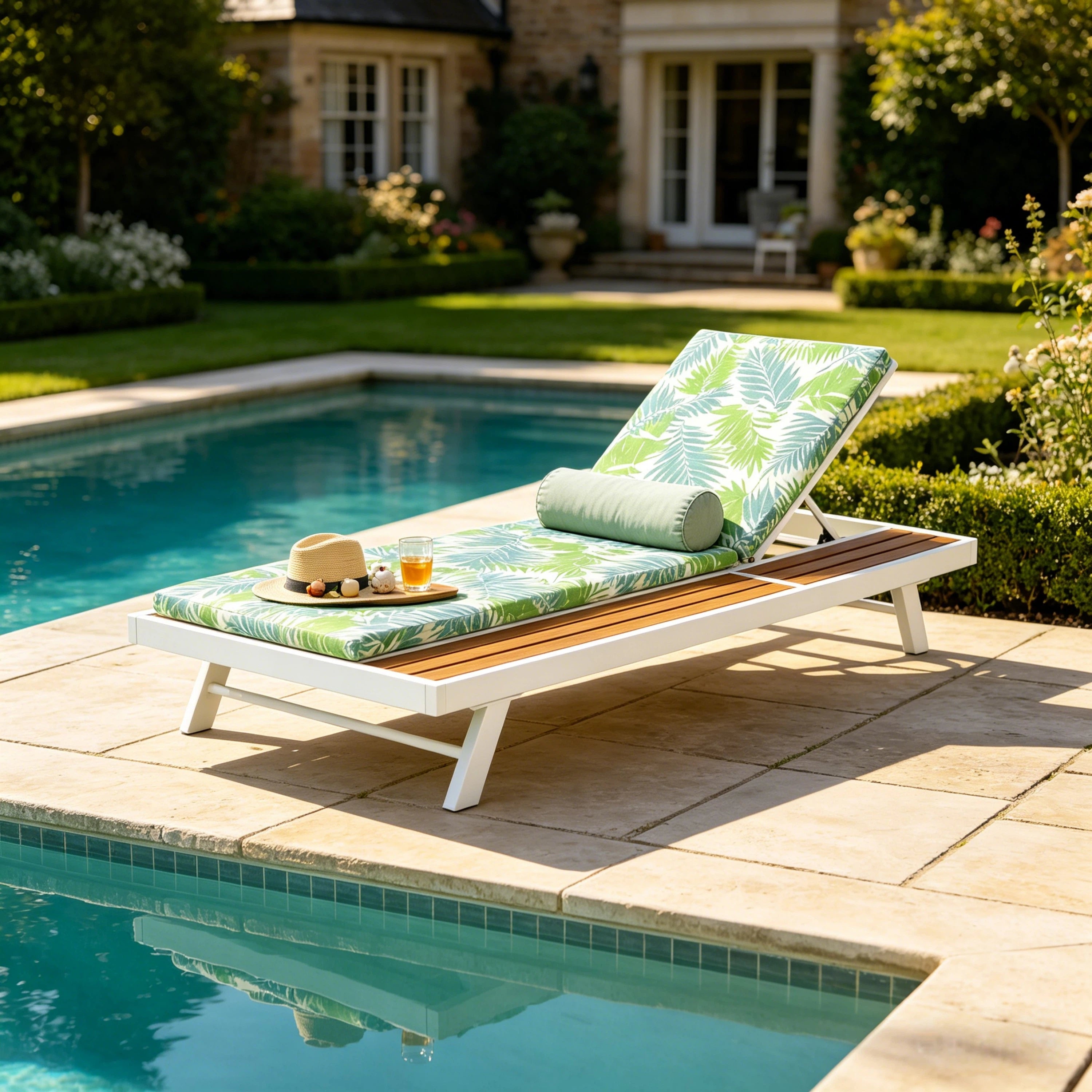 White Iron + Teak Finish Outdoor Chaise Lounge Set