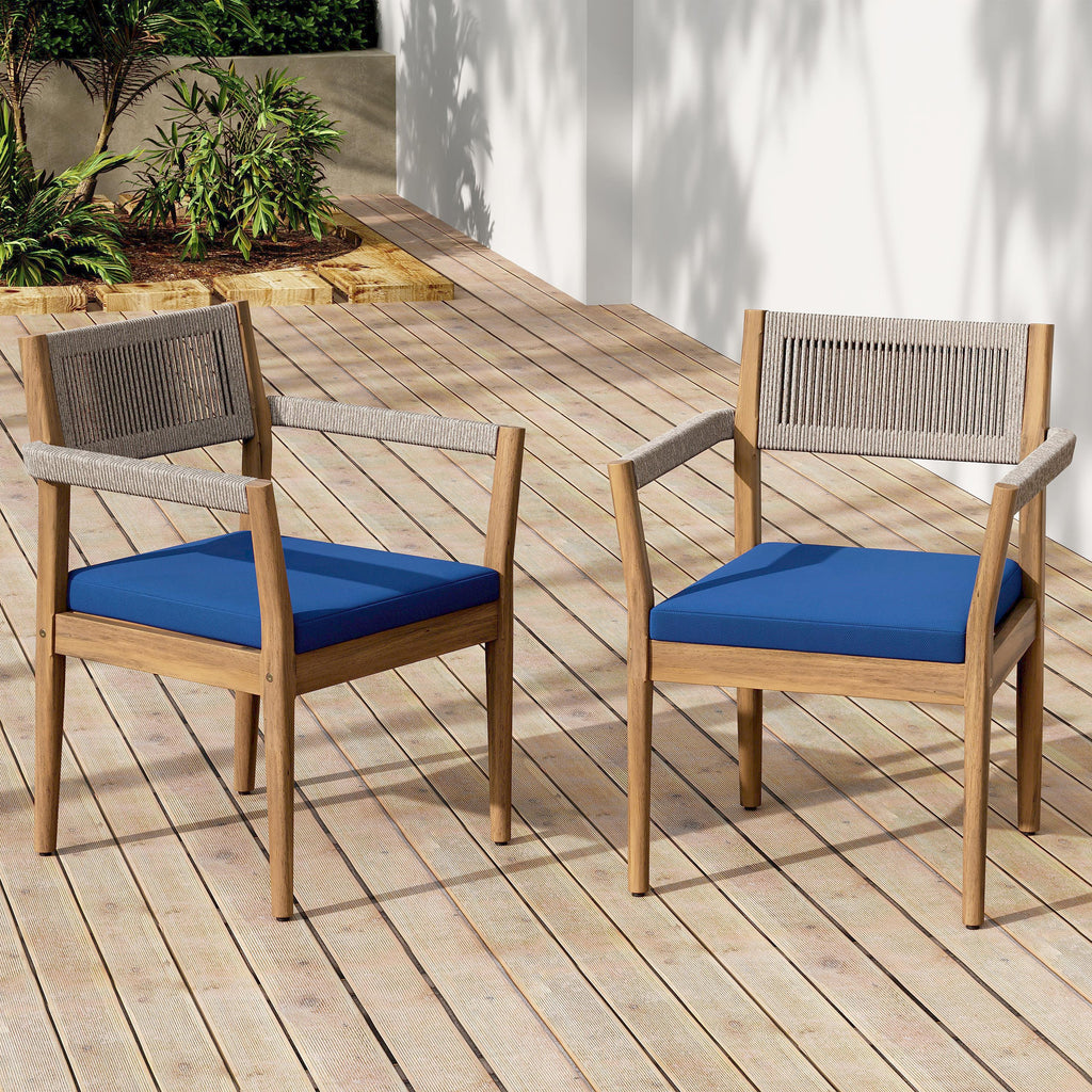 Braided Acacia Wood Outdoor Dining Chairs Set of 2