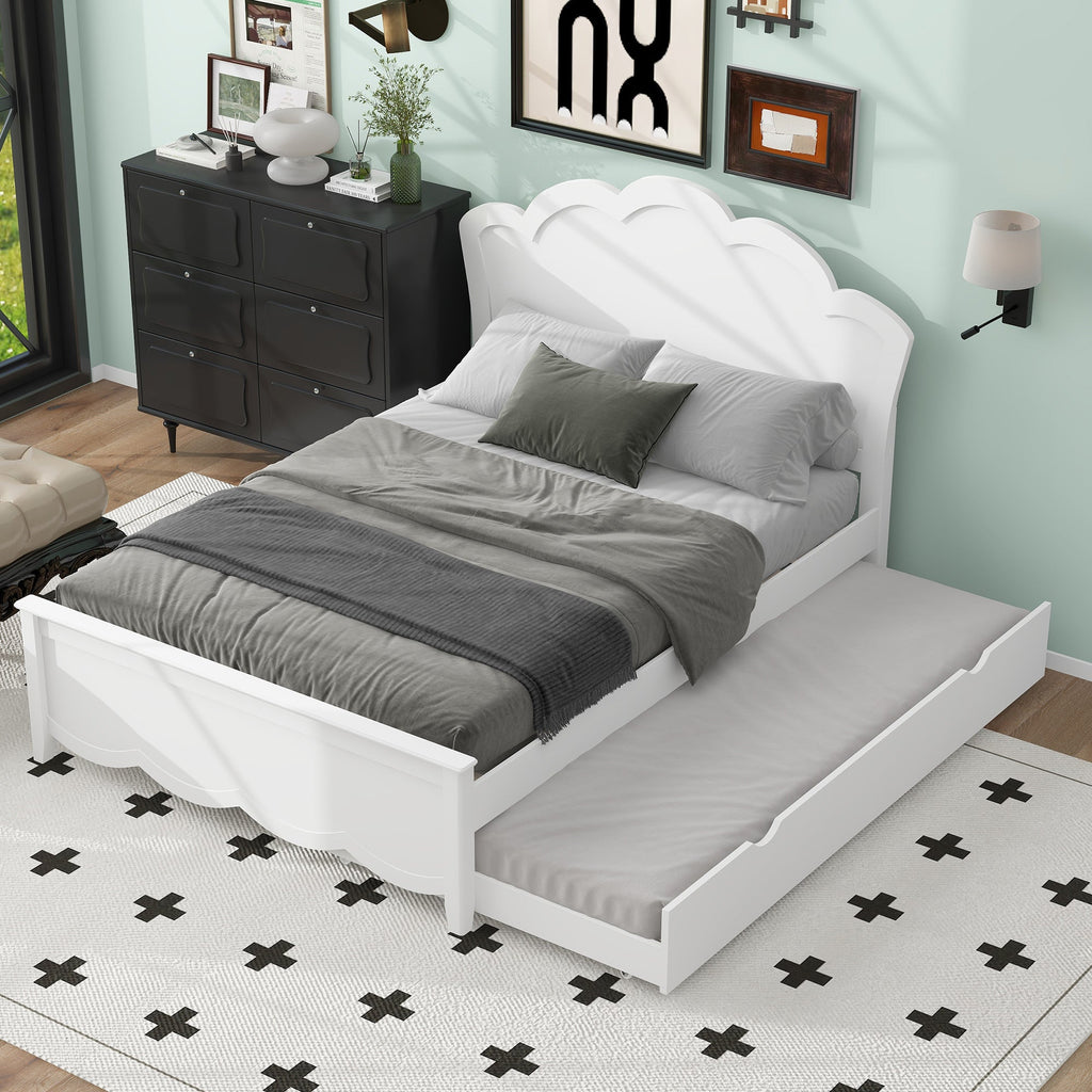 Full Size Wood Platform Bed with Headboard and Twin Size Trundle