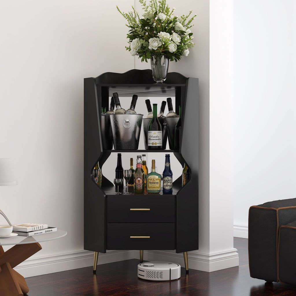 Wooden Corner Bar Cabinet With 2 Open Storage Shelves And 2 Drawers