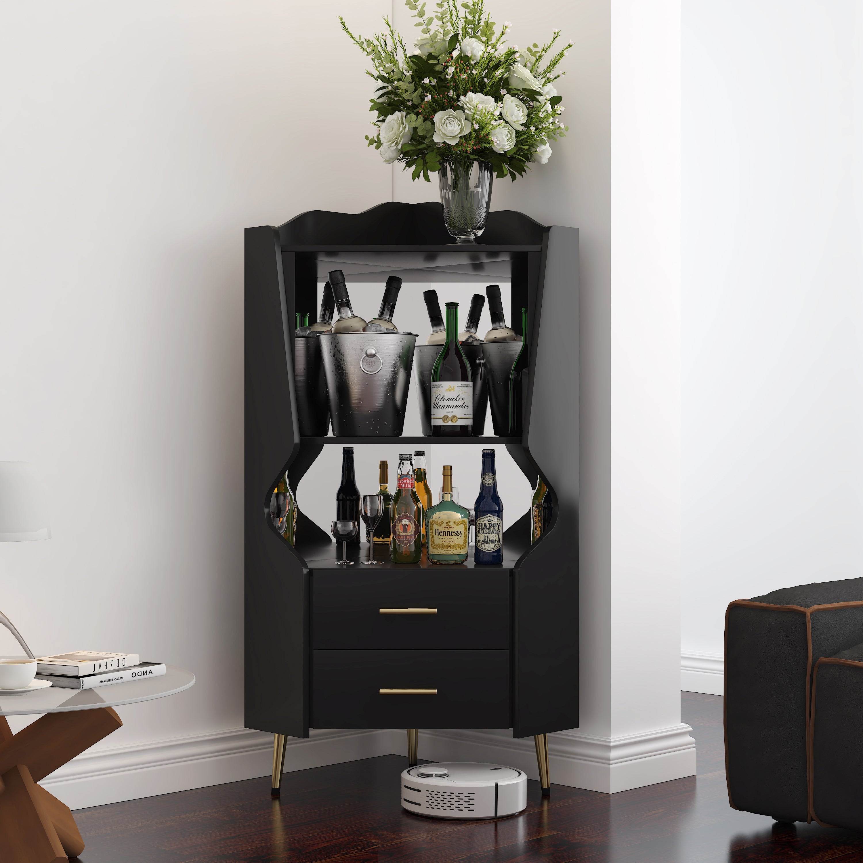 Wooden Corner Bar Cabinet With 2 Open Storage Shelves And 2 Drawers