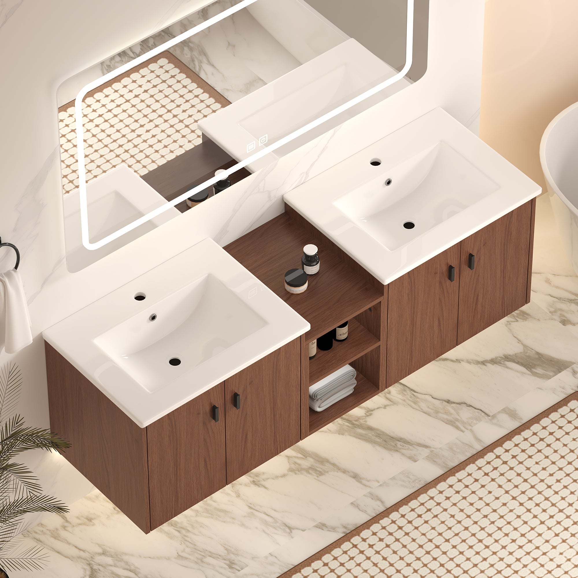 60in Reddish Brown Bathroom Vanity with Soft Close Doors