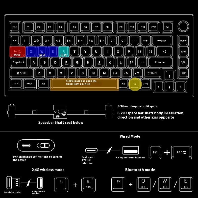 Heiji Snake Mechanical Keyboard Kit Aluminum Tuo Three-mode No Wired Bluetooth
