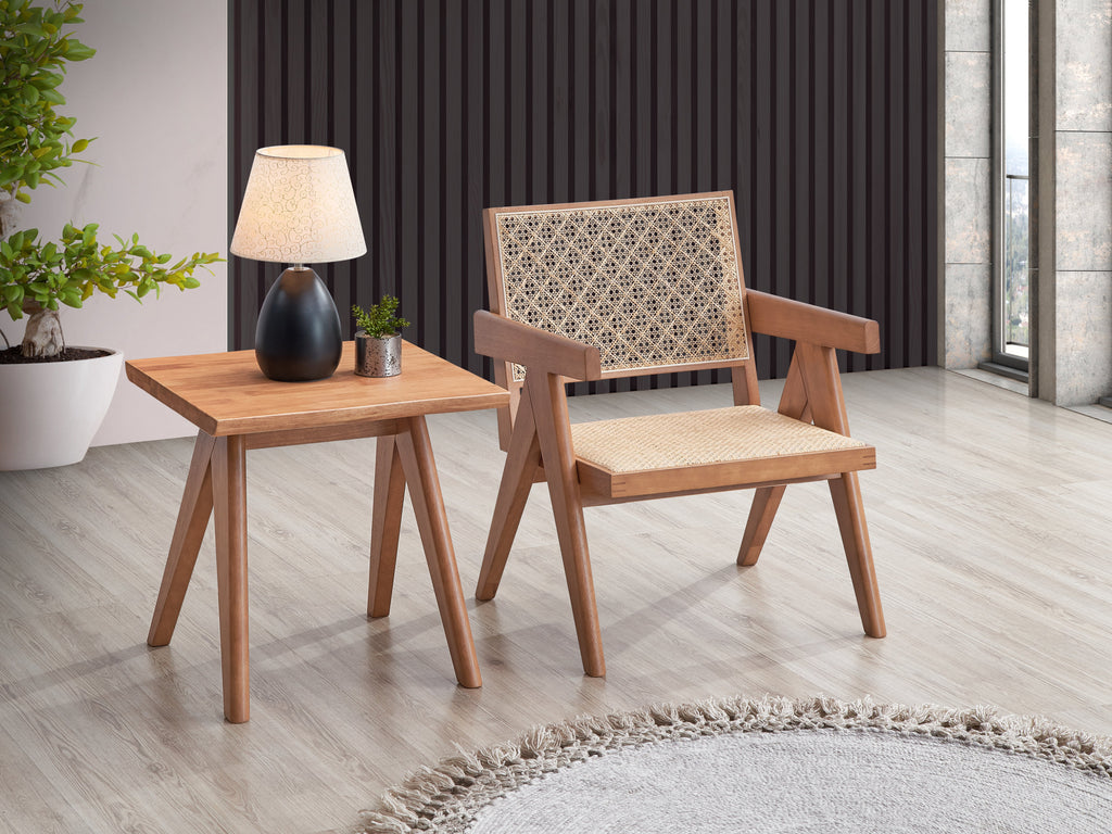 Natural Wood Armchair and Matching Square End Table, 2-Piece Living Room Set