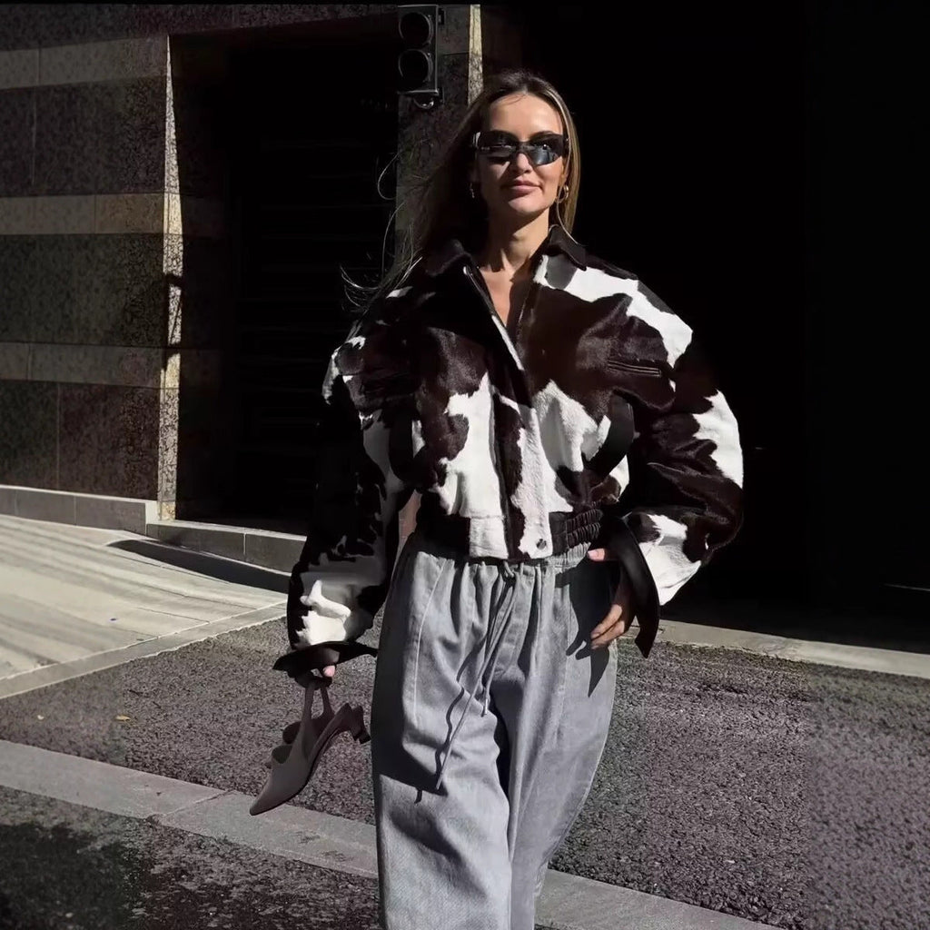 Street-style Hoodless Versatile Short Cow-print Jacket