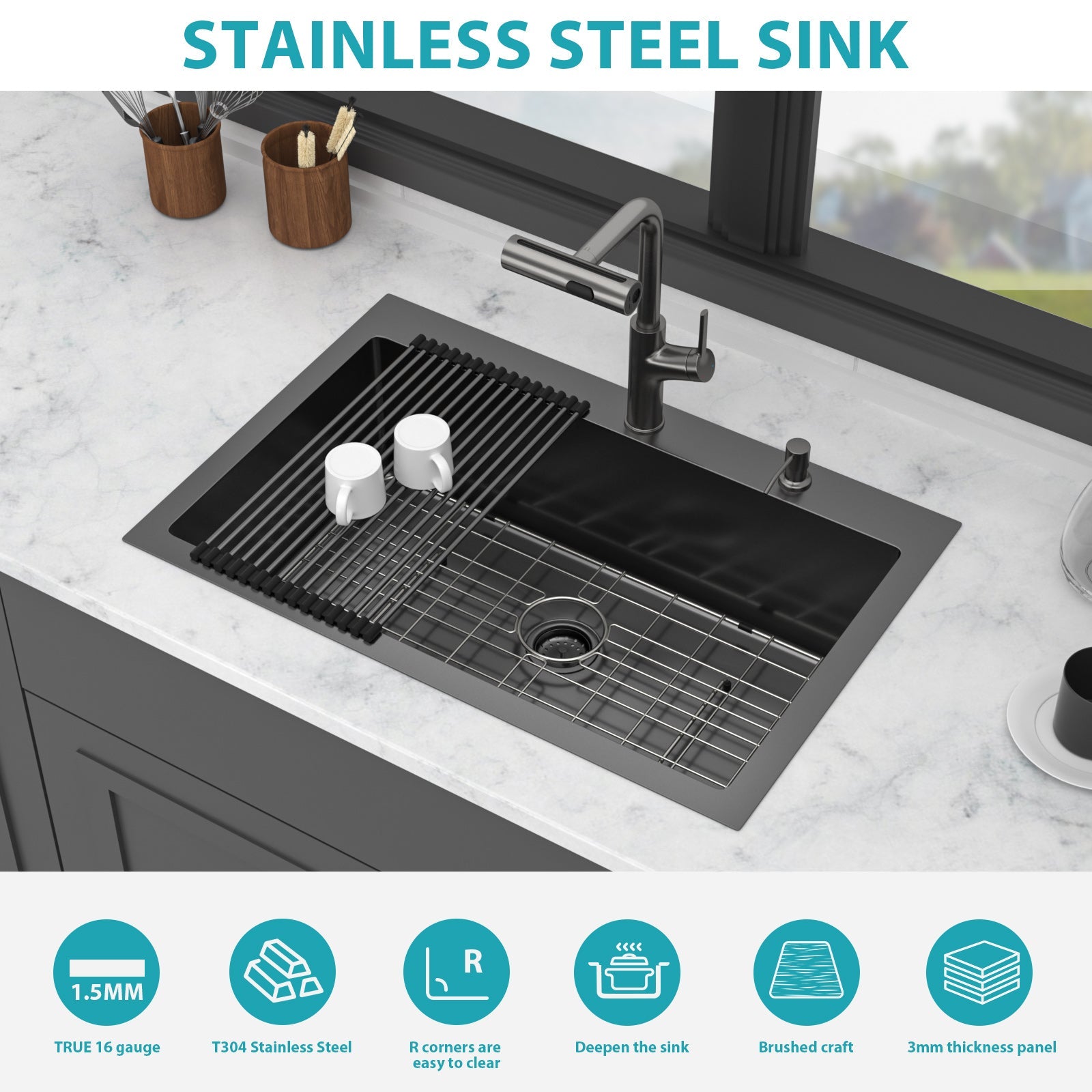 33" Drop-In Gunmetal Kitchen Sink