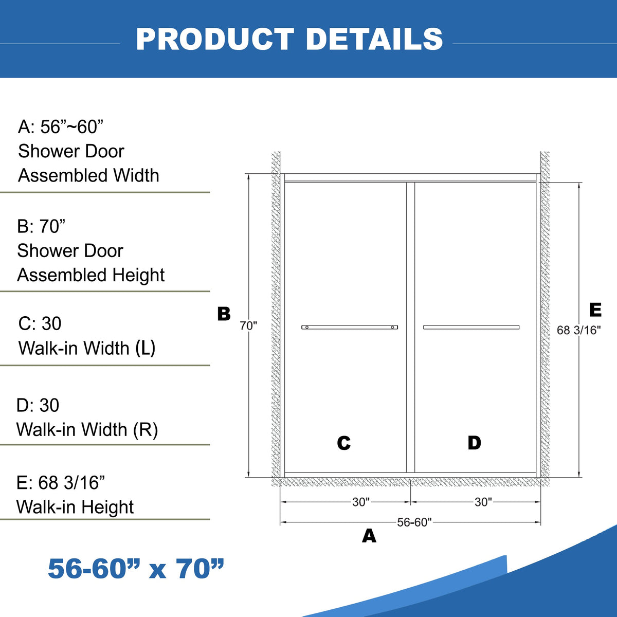 56-60"x70" Aluminum Frame Double Sliding Shower Door
