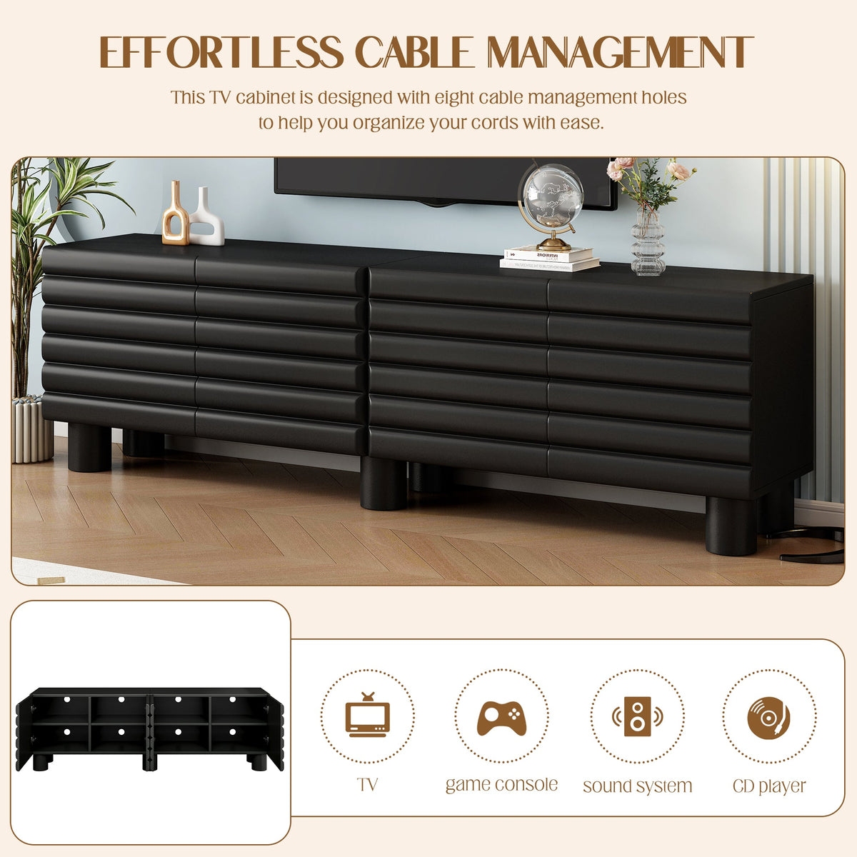 Stylish Thick Wavy Door TV Cabinet with Adjustable Shelves