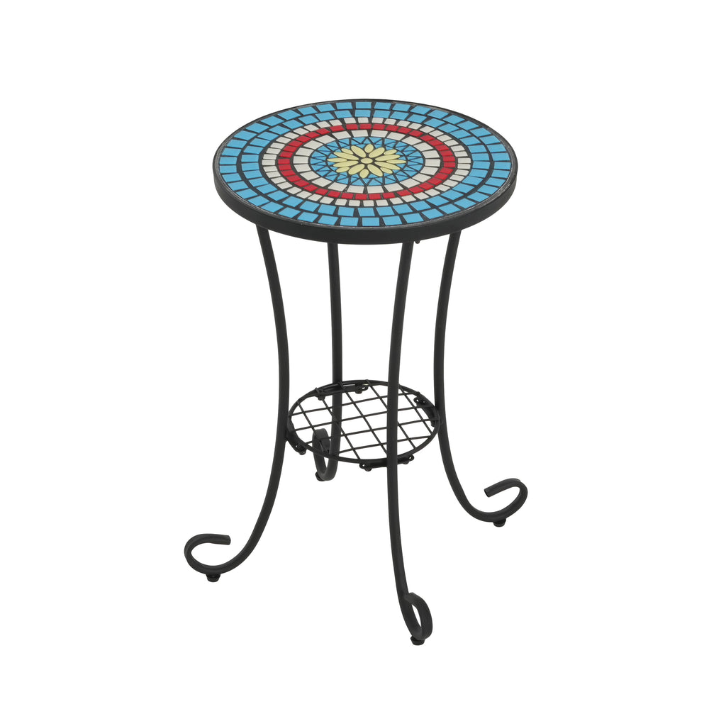 Patio Side Table with Shelf, Blue + Black