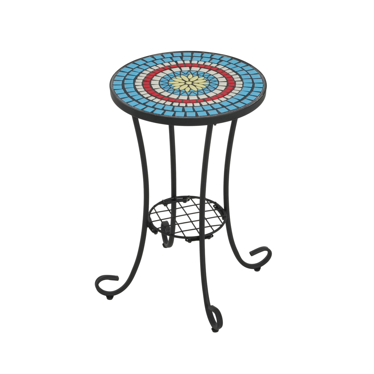 Patio Side Table with Shelf, Blue + Black