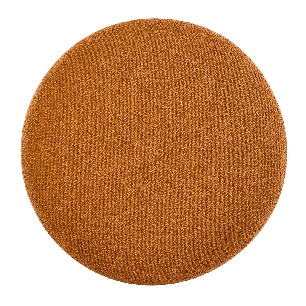 Modish Round Ottoman: Boucle Top with Splayed Rubber Wood Legs, Pumpkin