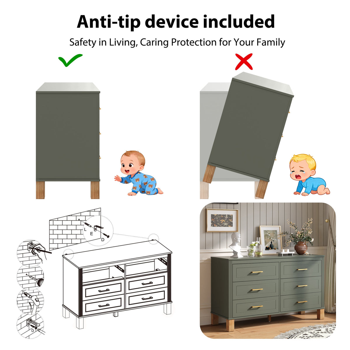 6-Drawer Double Dresser in Olive