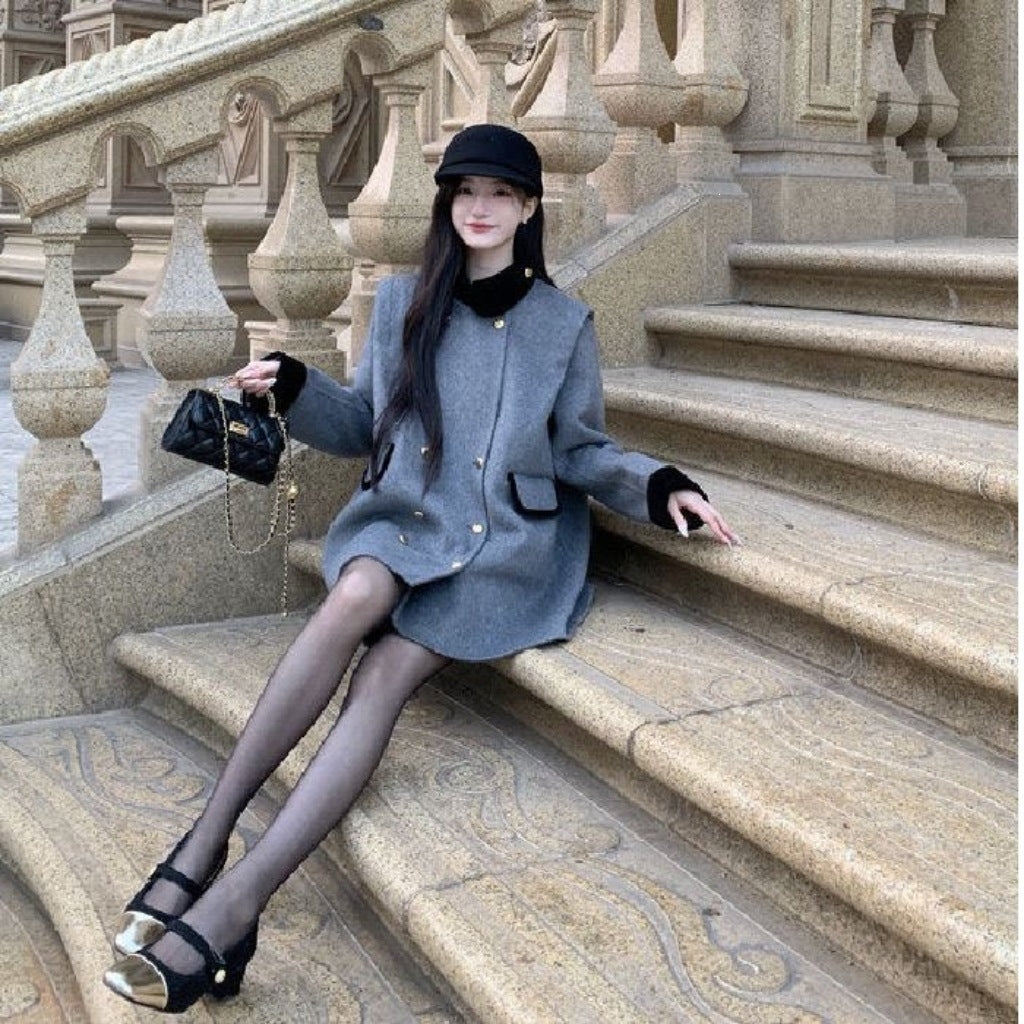 Womens Wool Coat Color-blocked Stand-up Collar Short Style