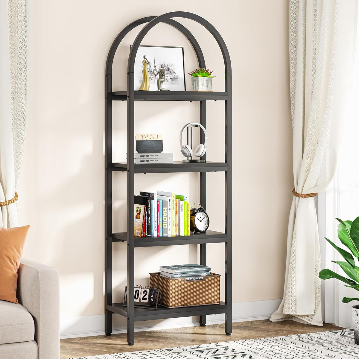 70.86" Tall 4-Tier Black Industrial Bookshelf