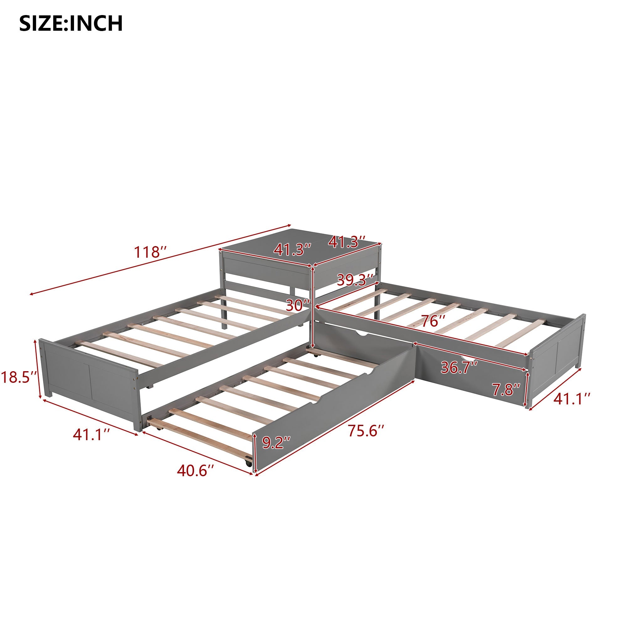 L-Shaped Platform Bed with Trundle and Built-In Desk - Gray