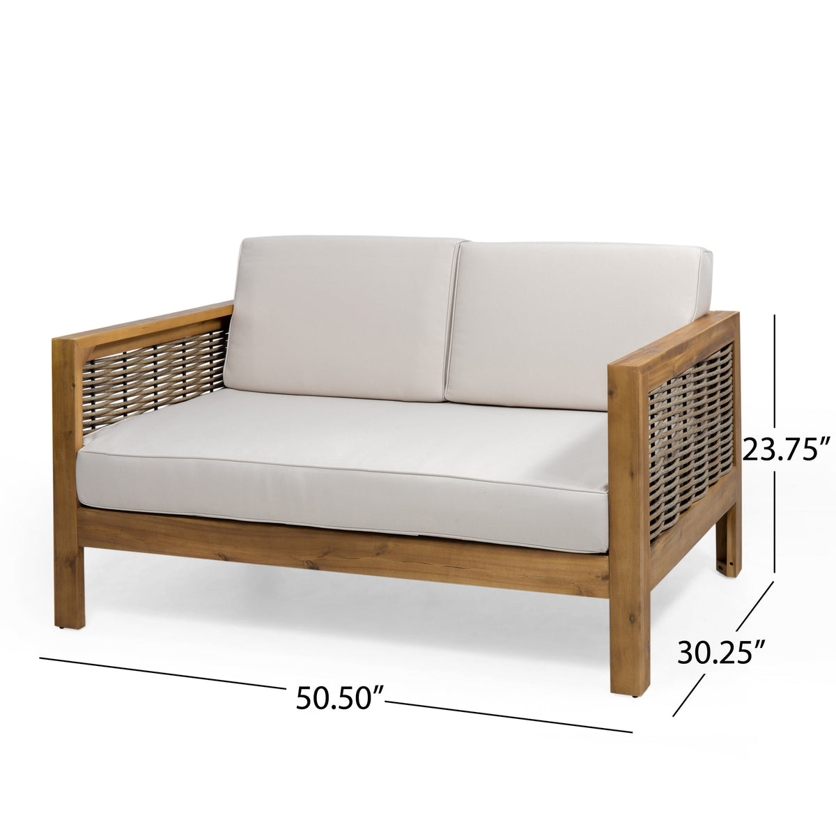 Outdoor Acacia Wood and Wicker Loveseat and Coffee Table Set with Cushions