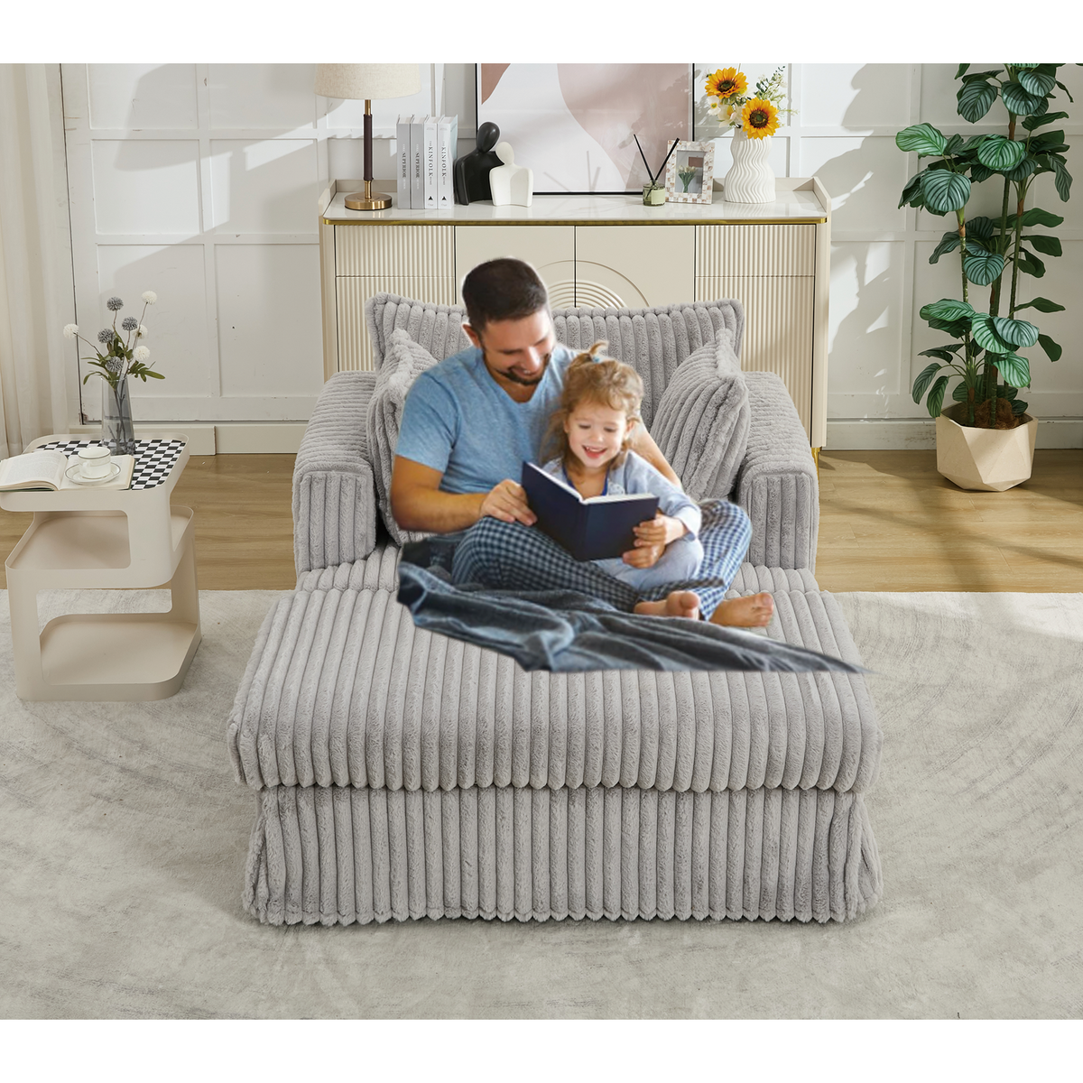 47.7" Oversized Corduroy Chaise Longue with Ottoman