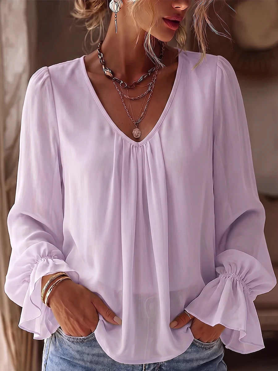 European And American Cross-border Amazon New V-neck Pleated Elegant Loose Casual Solid Color Long-sleeve Women's Shirt