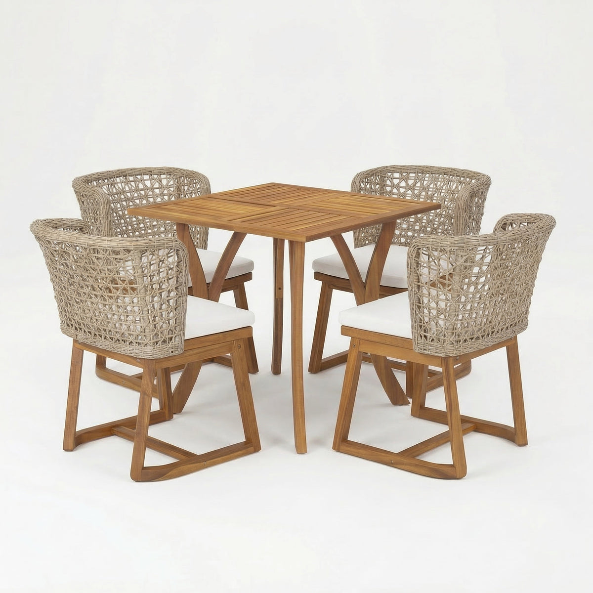 5-Piece Outdoor Dining Set, Acacia Wood Table & Wicker Back Chairs