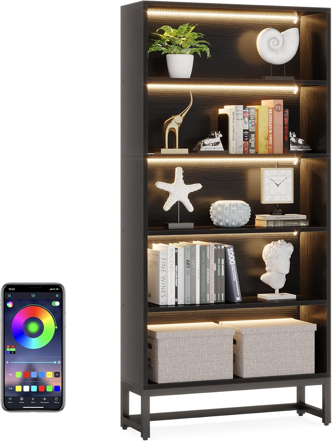 70.87" Black 5-Tier LED Library Bookshelf