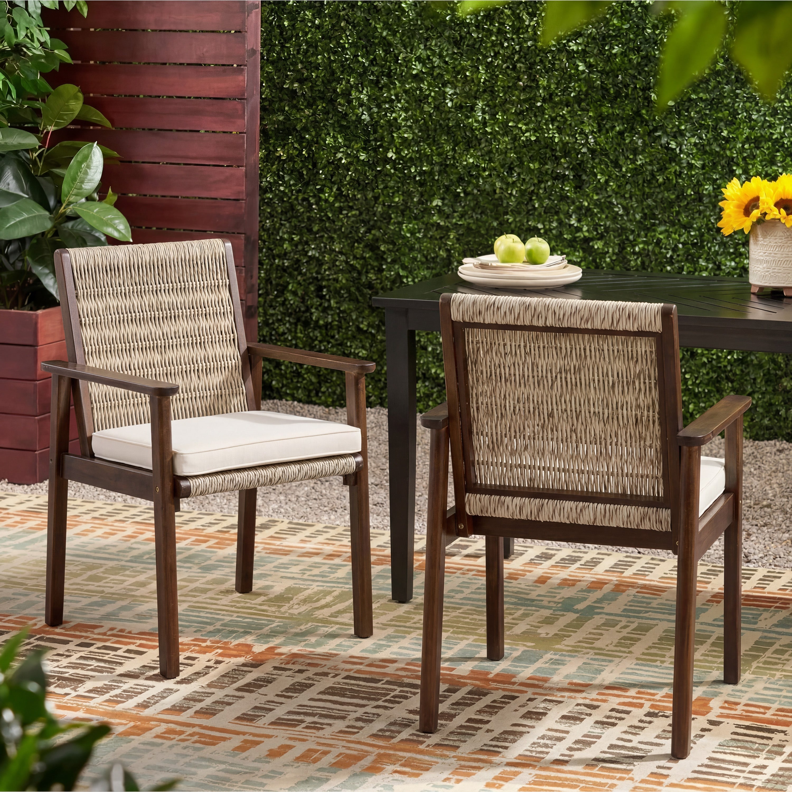 Outdoor Dining Chairs Set of 2 - Acacia Wood & Wicker Rattan