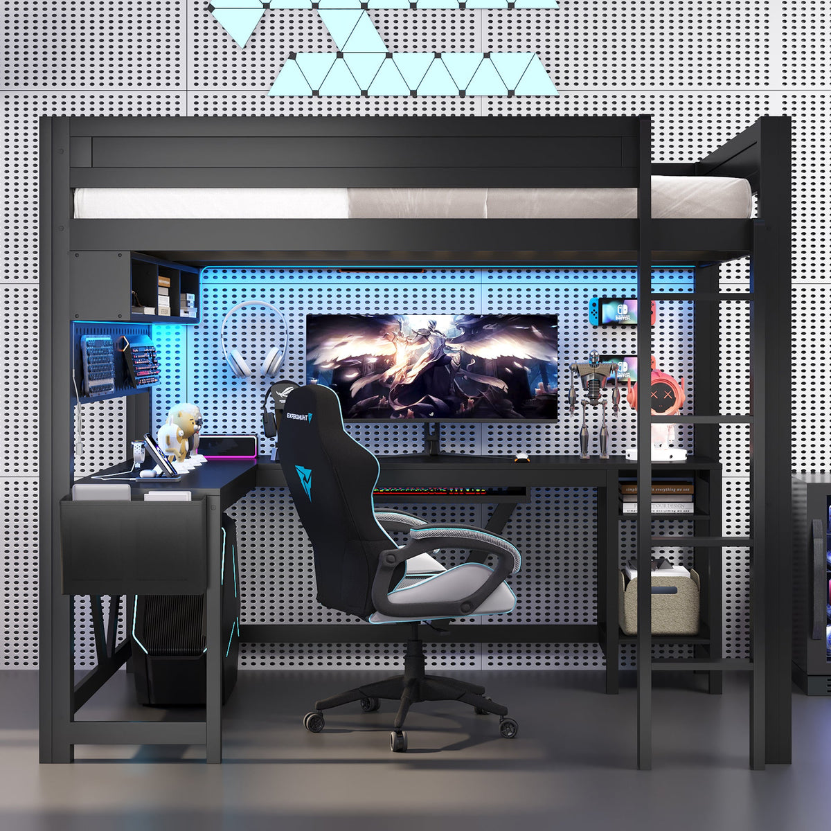 Wood Full Size Gaming Loft Bed with Desk, Storage Shelves, LED and Charging Station