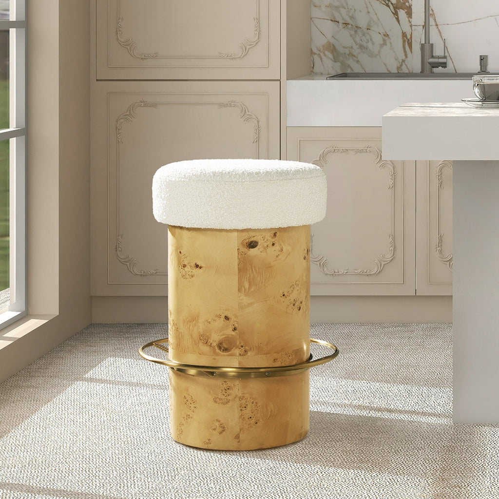 Nebula 26" Backless Round Upholstered Counter Stool with Burl Wood