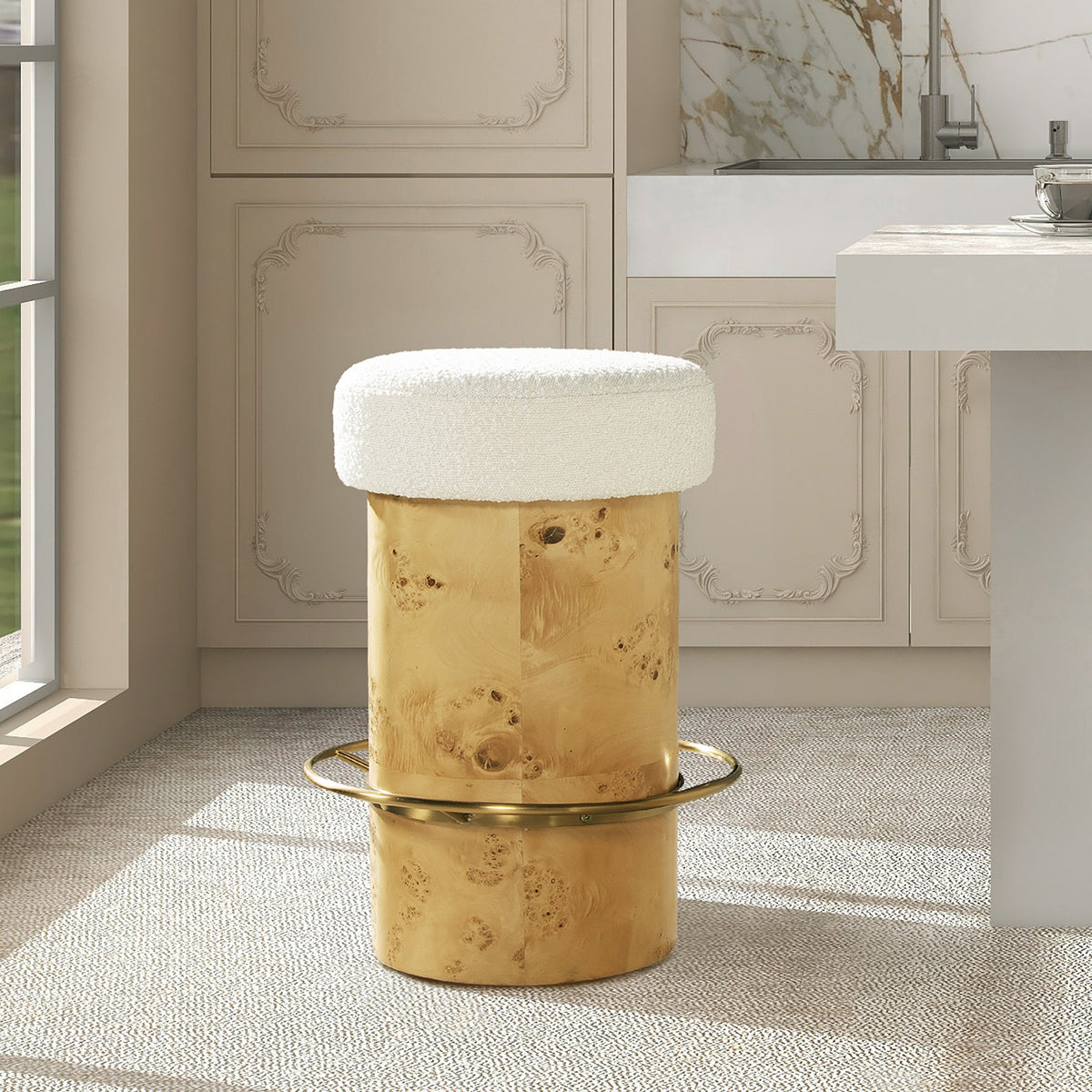 Nebula 26" Backless Round Upholstered Counter Stool with Burl Wood