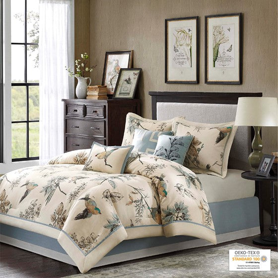 7 Piece Printed Cotton Twill Comforter Set - Khaki King