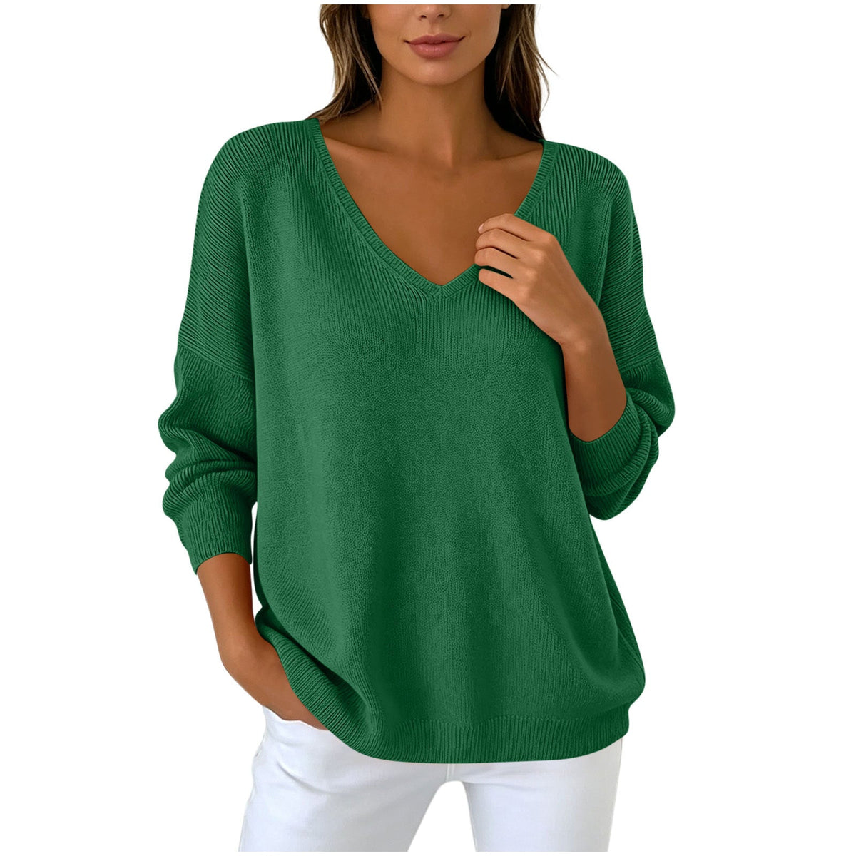 Autumn Winter Women's V-neck Long Sleeved Knitted Sweater Large Loose Shoulder Solid Color Top For Women